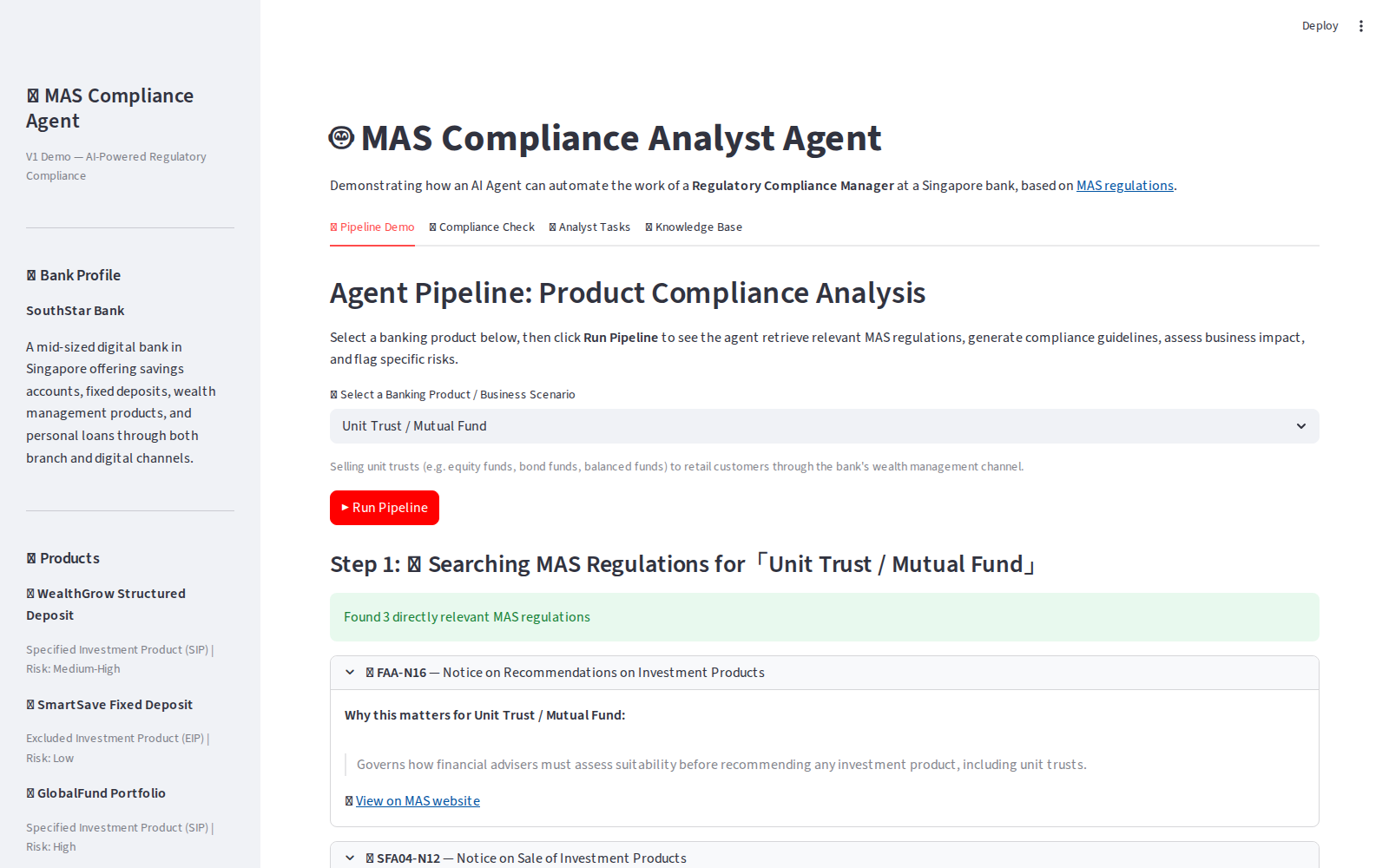 Pipeline output: regulations and product-specific checklist.
